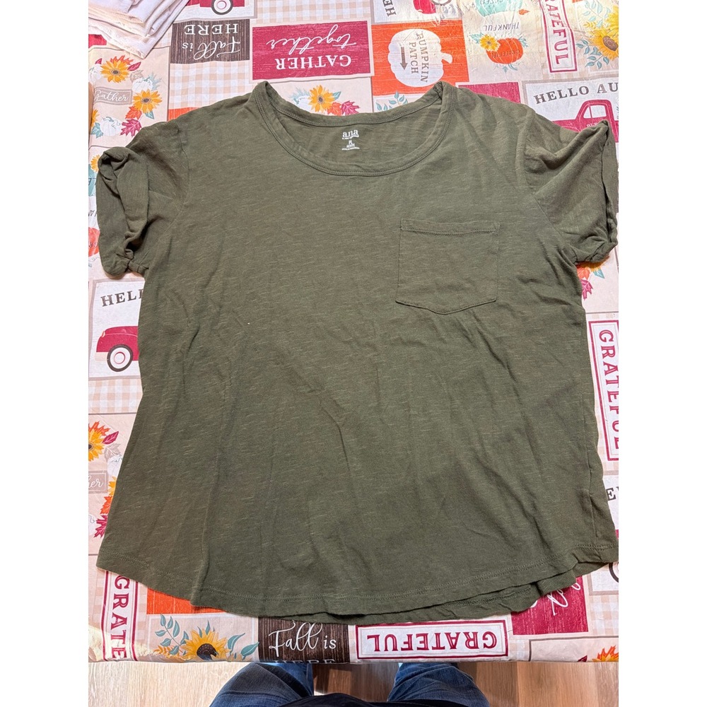 a.n.a A New Approach Womens Petite Large Olive Green Short Sleeve Pocket Tee